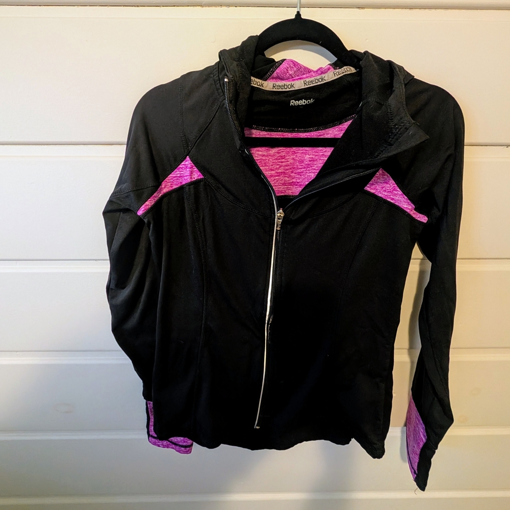REEBOK Womens Size Medium Full Zip Hooded Running Track Jacket wThumb Holes